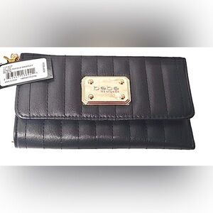 BEBE black rowan quilted tassel gold plated trifold wallet purse clutch wristlet